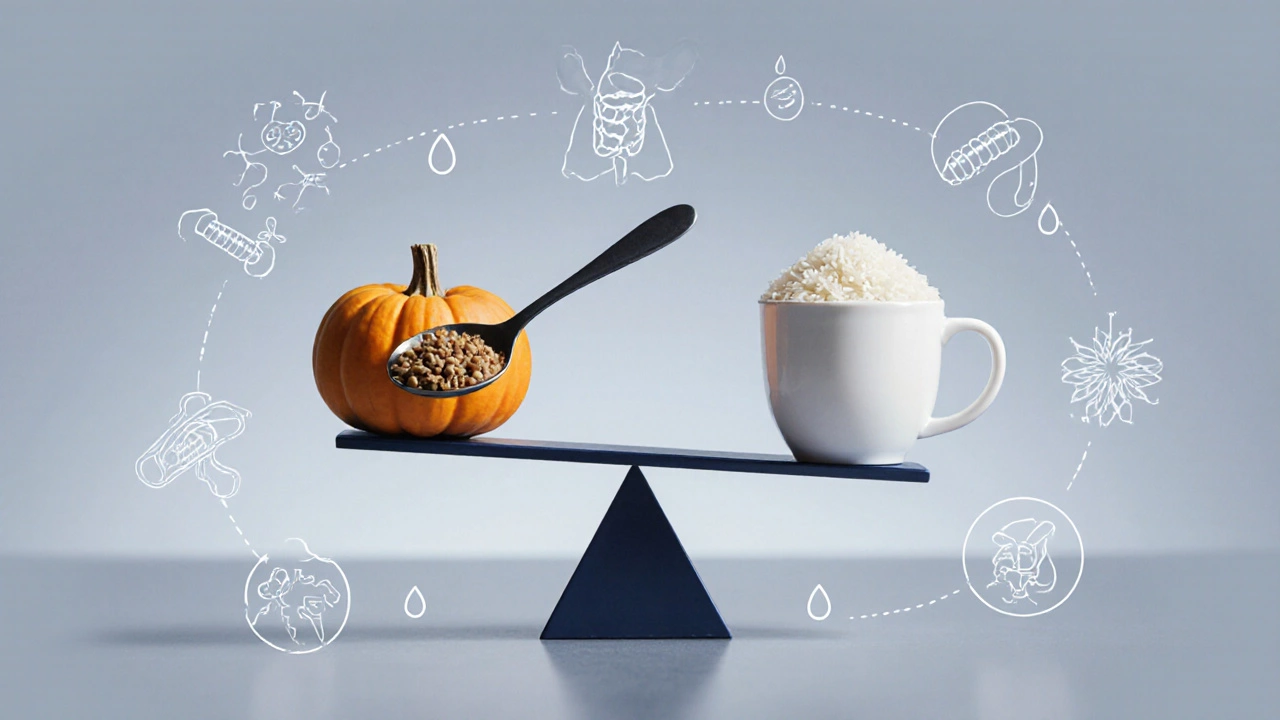 A balanced scale with pumpkin and rice, representing digestive support for dogs.