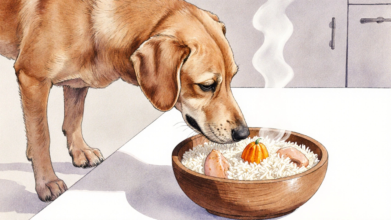 A dog being fed a mix of rice, chicken, and pumpkin from a wooden bowl.