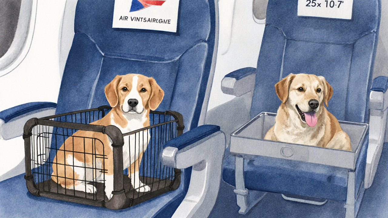 A pet carrier sized to fit under an airplane seat with a dog inside, next to a larger dog being checked as cargo.