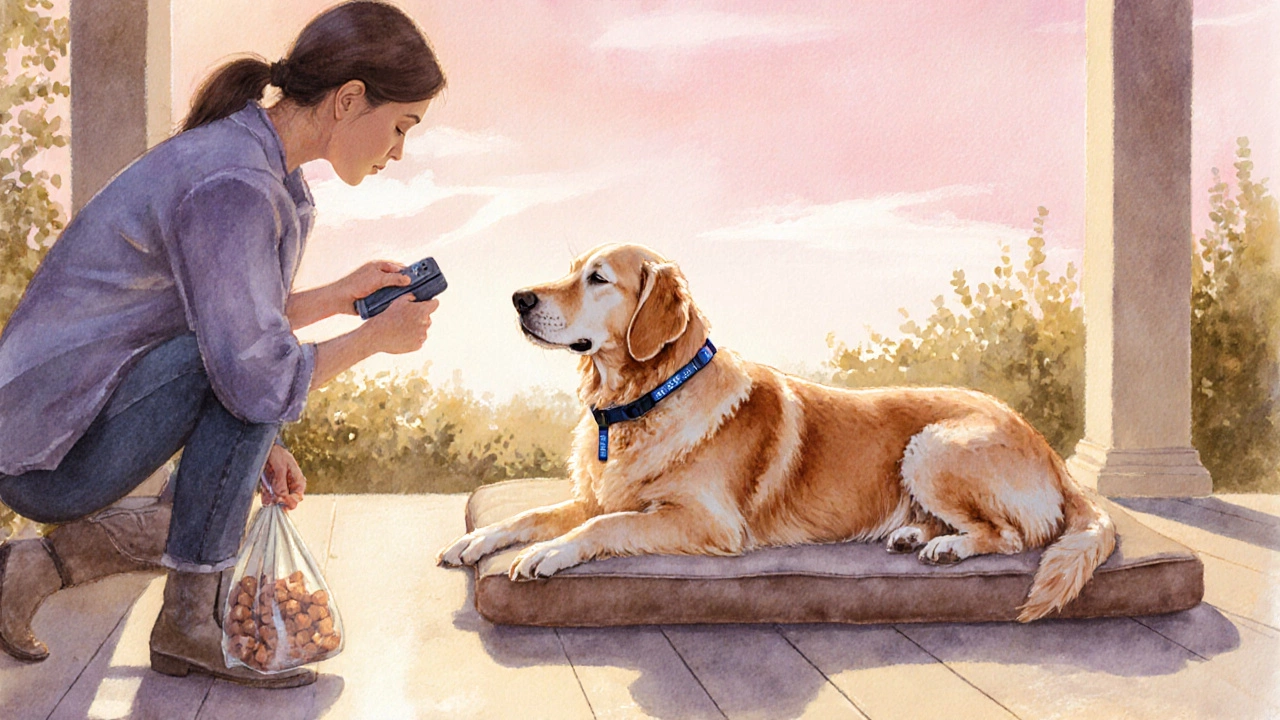 A relaxed golden retriever on a patio wearing a collar, owner training with treats.