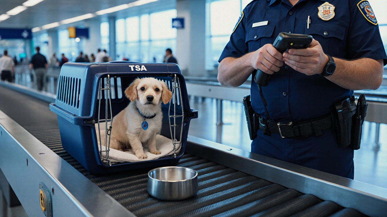 Airport security officer inspecting a pet carrier on the conveyor belt.