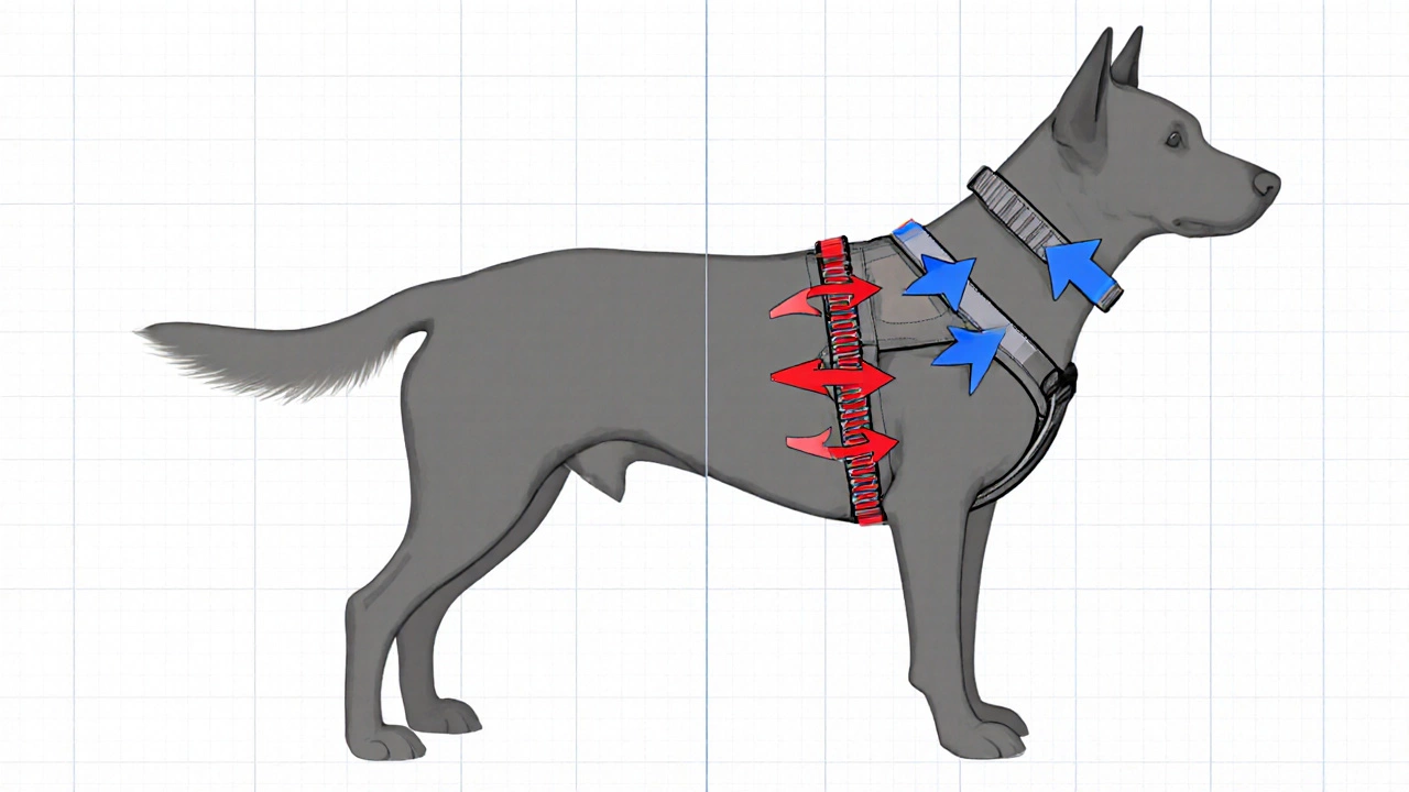 Diagram showing force arrows on a dog’s neck from a collar and on the chest from a harness.