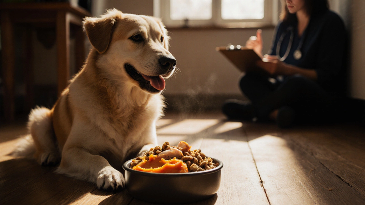 Dog eating kibble mixed with pumpkin and chicken, sunlight highlighting a vet's approving silhouette.