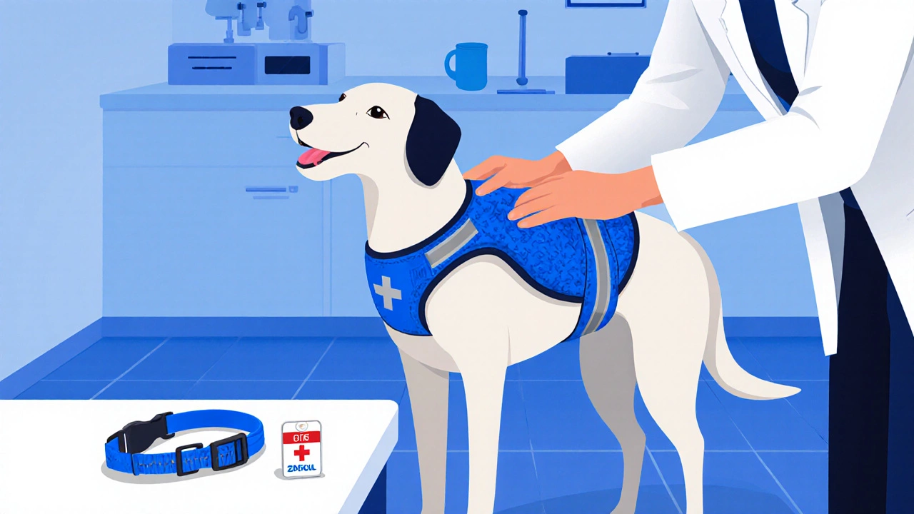Dog in a harness beside a collar with tags, being examined by a vet.