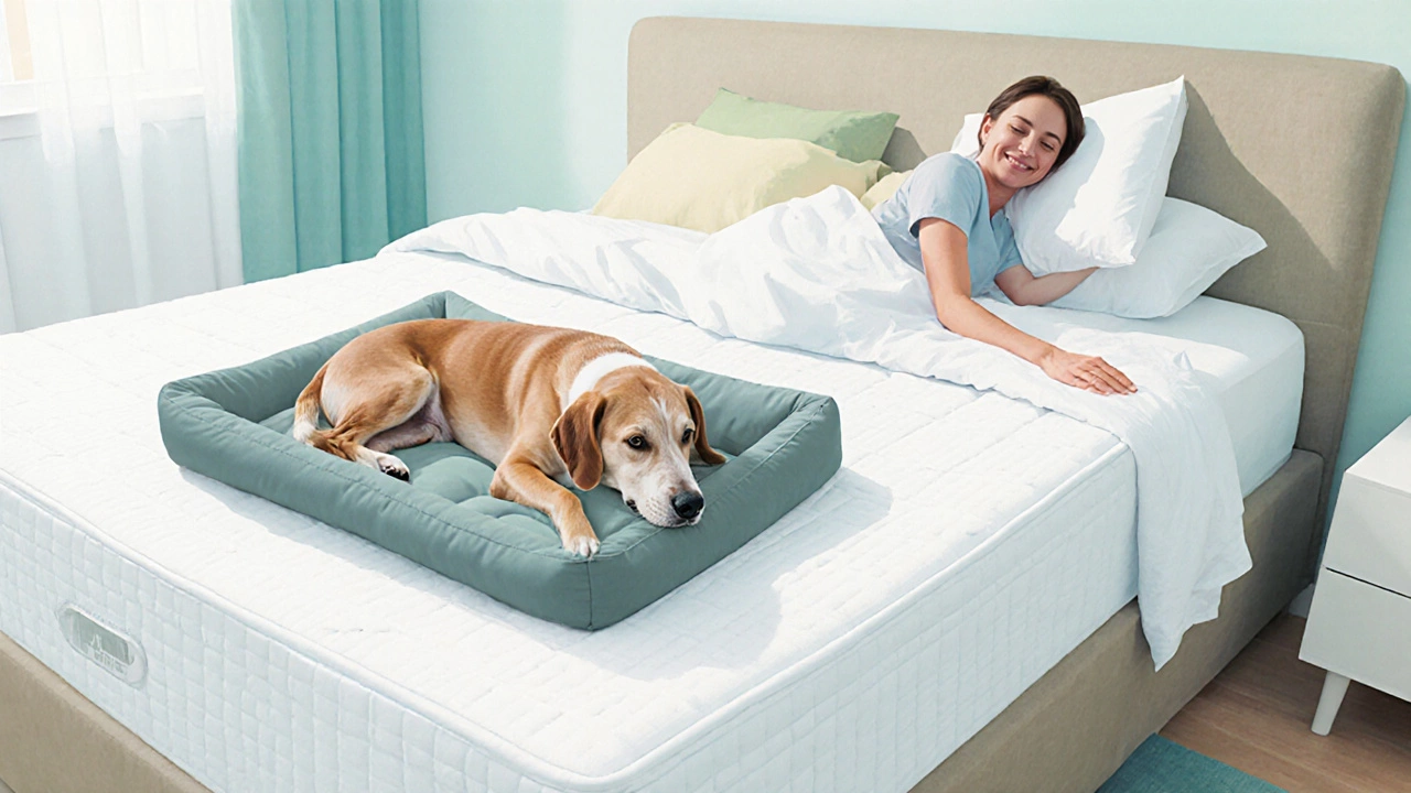 Dog resting on an orthopedic bed at foot of owner's mattress.