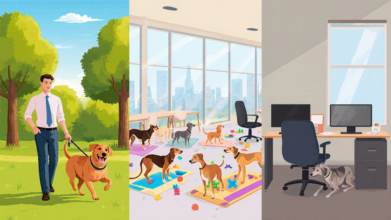 Dog walker, pet daycare, and dog‑friendly office depicted as care options.