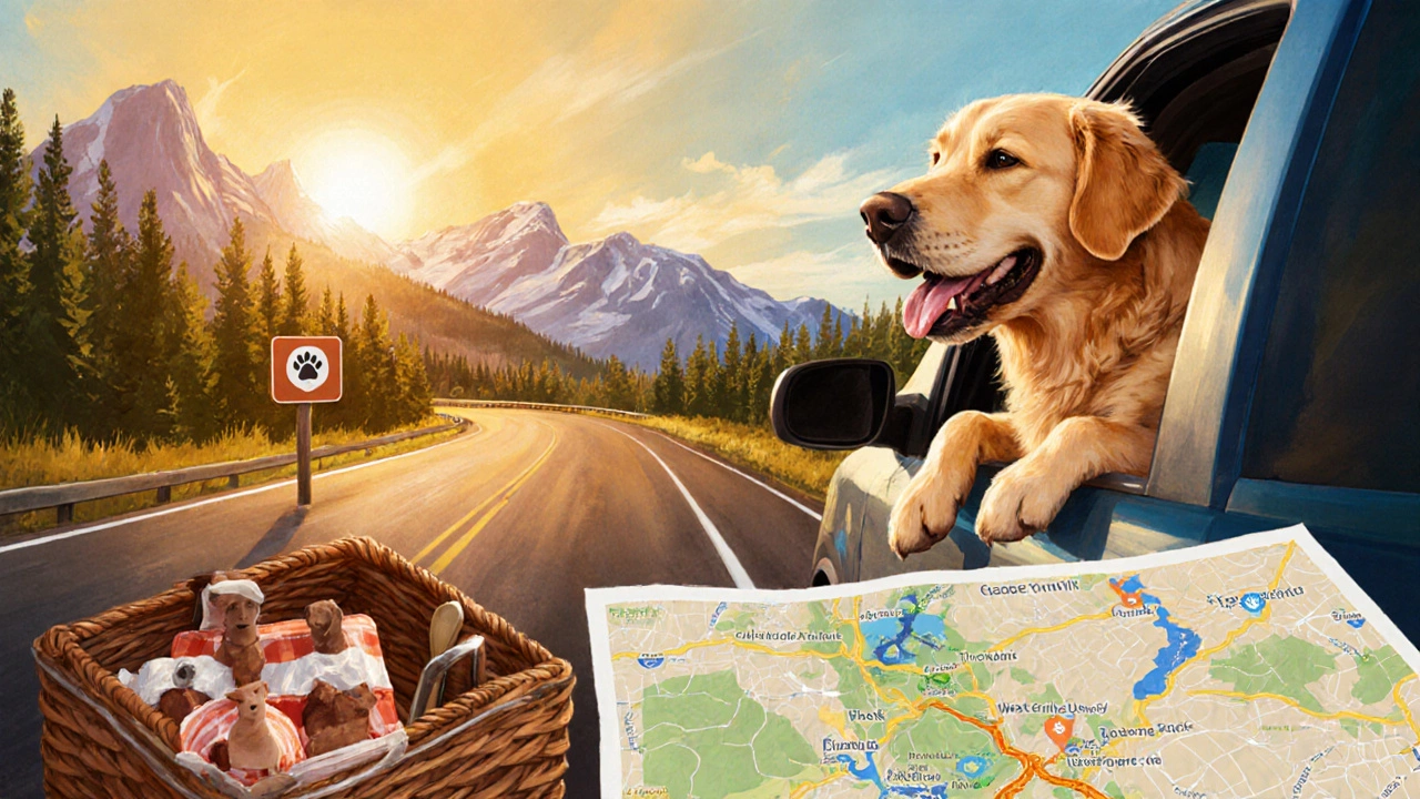 Family road trip in Colorado with happy dog and pet‑friendly trail sign.