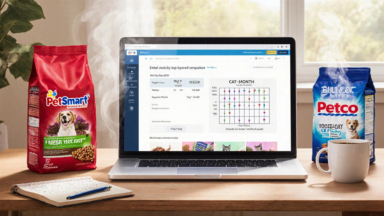 Flat‑lay of laptop price‑compare app, dog food bag, cat litter bulk pack, and notebook on a sunny table.