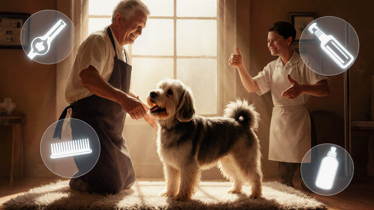 Groomed dog being handed to owner, with warm lighting and subtle service icons.