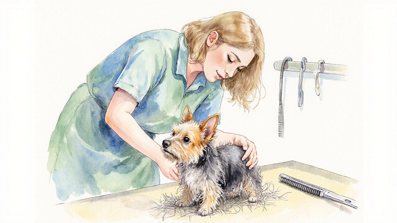 Groomer carefully de‑matting a nervous terrier in a soft watercolor style.