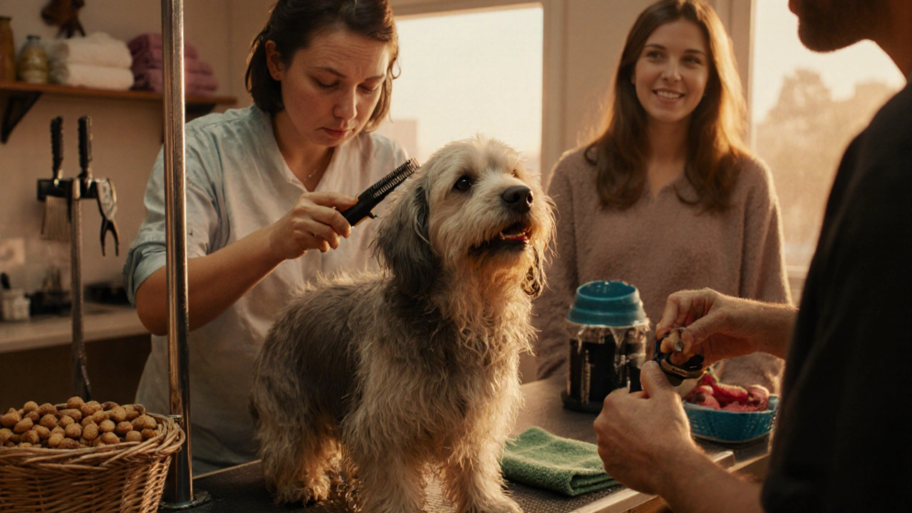 Groomer carefully trimming a matted dog in a well-lit salon