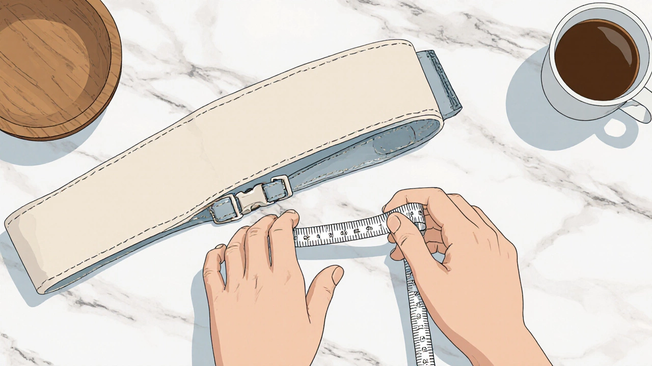 Hands inspecting a laid‑out dog collar, checking stitching, snap, and fit with a tape measure.