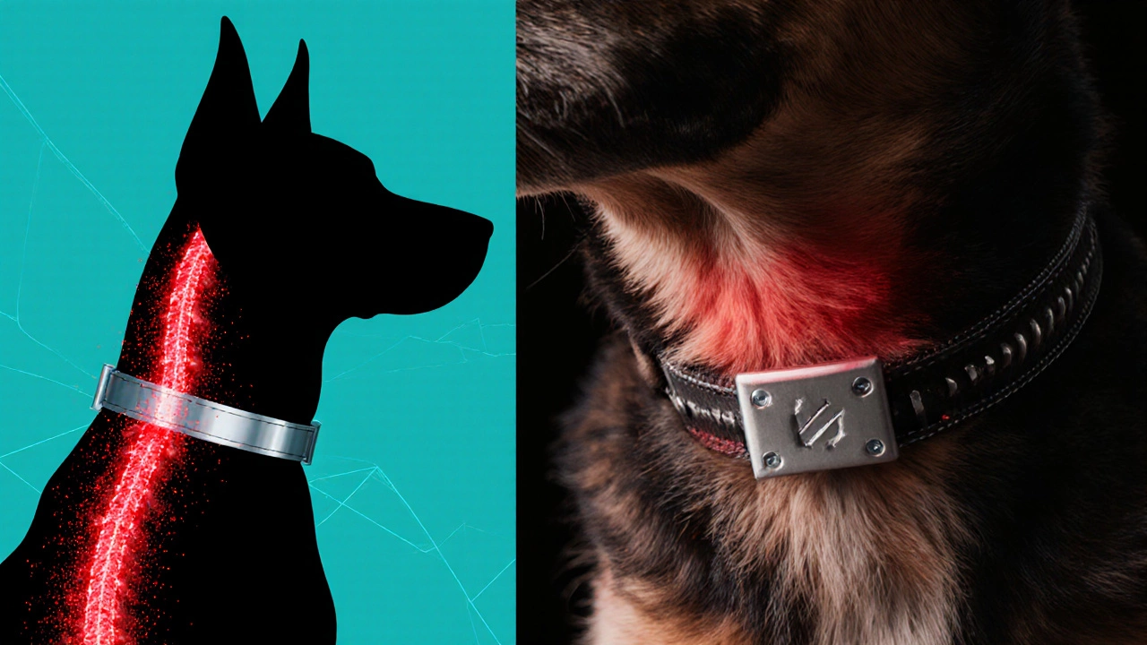 Illustration shows cortisol spikes and skin irritation from a shock collar on a dog.