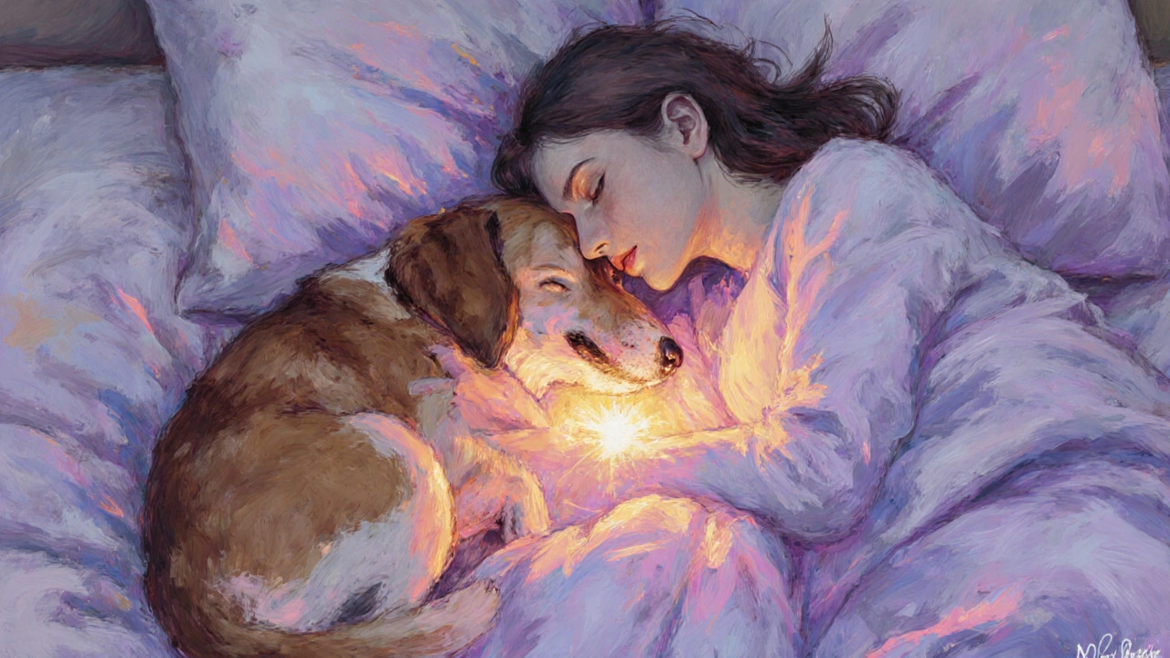 Impressionist scene showing dog and owner sharing oxytocin glow while sleeping.