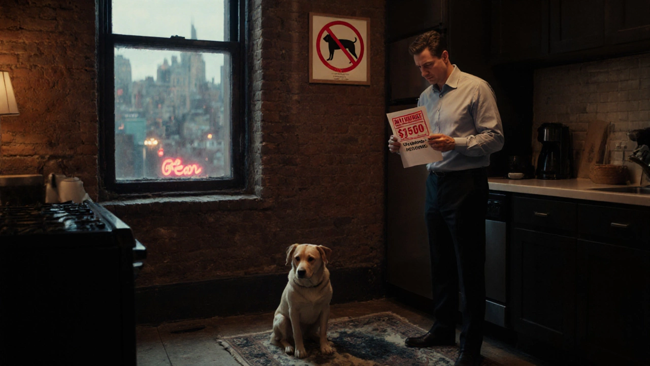 NYC apartment showing landlord demanding a pet deposit and breed restriction sign.