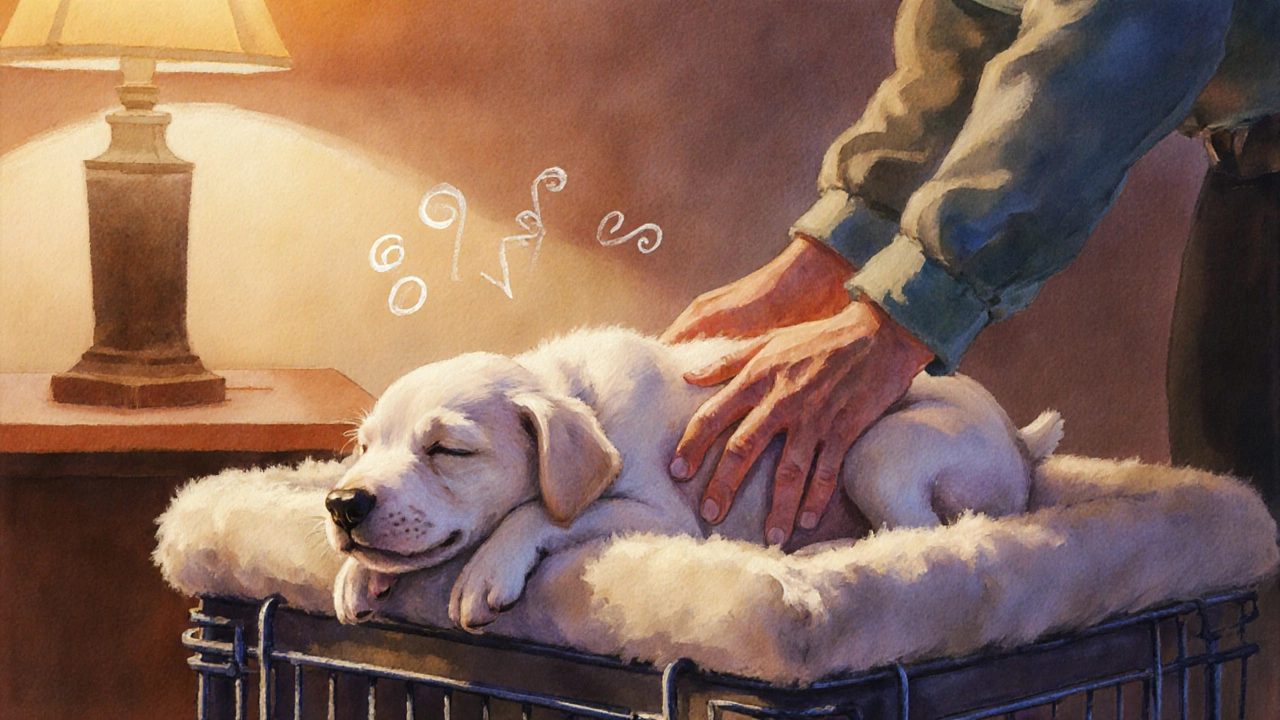 Owner gently lifts a sleeping puppy and places it in a cozy crate with calm lighting.