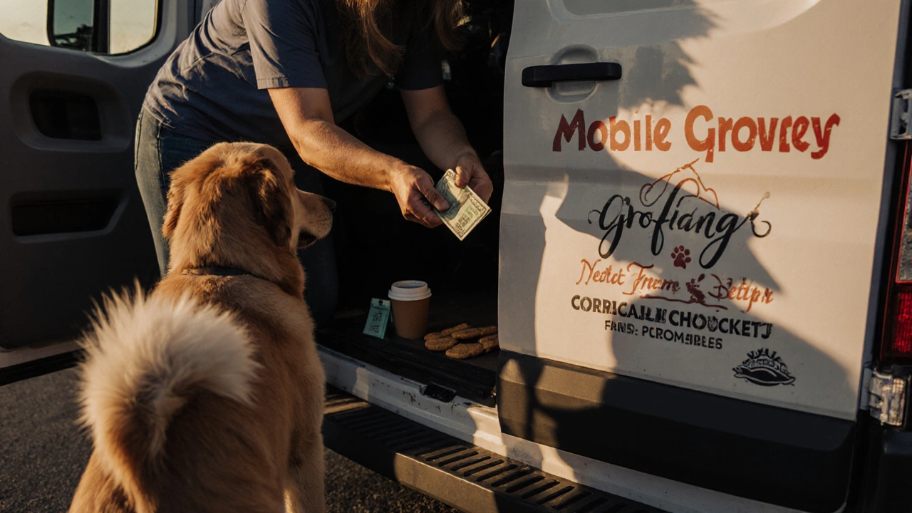 Owner handing cash to a mobile groomer outside a pet grooming van