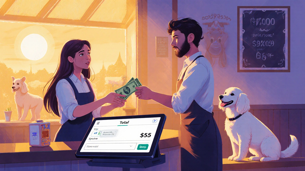 Owner hands cash tip to groomer while a POS screen shows the total and tip option.
