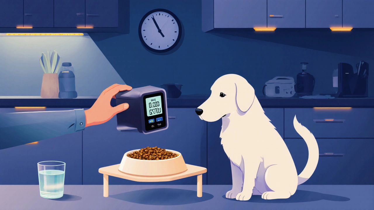 Owner measures a single daily dog meal into a slow‑feed bowl at night.