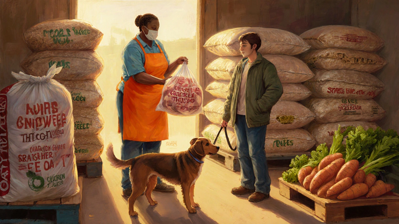 Owner receiving discounted meat at a grocery discount aisle with dog nearby.