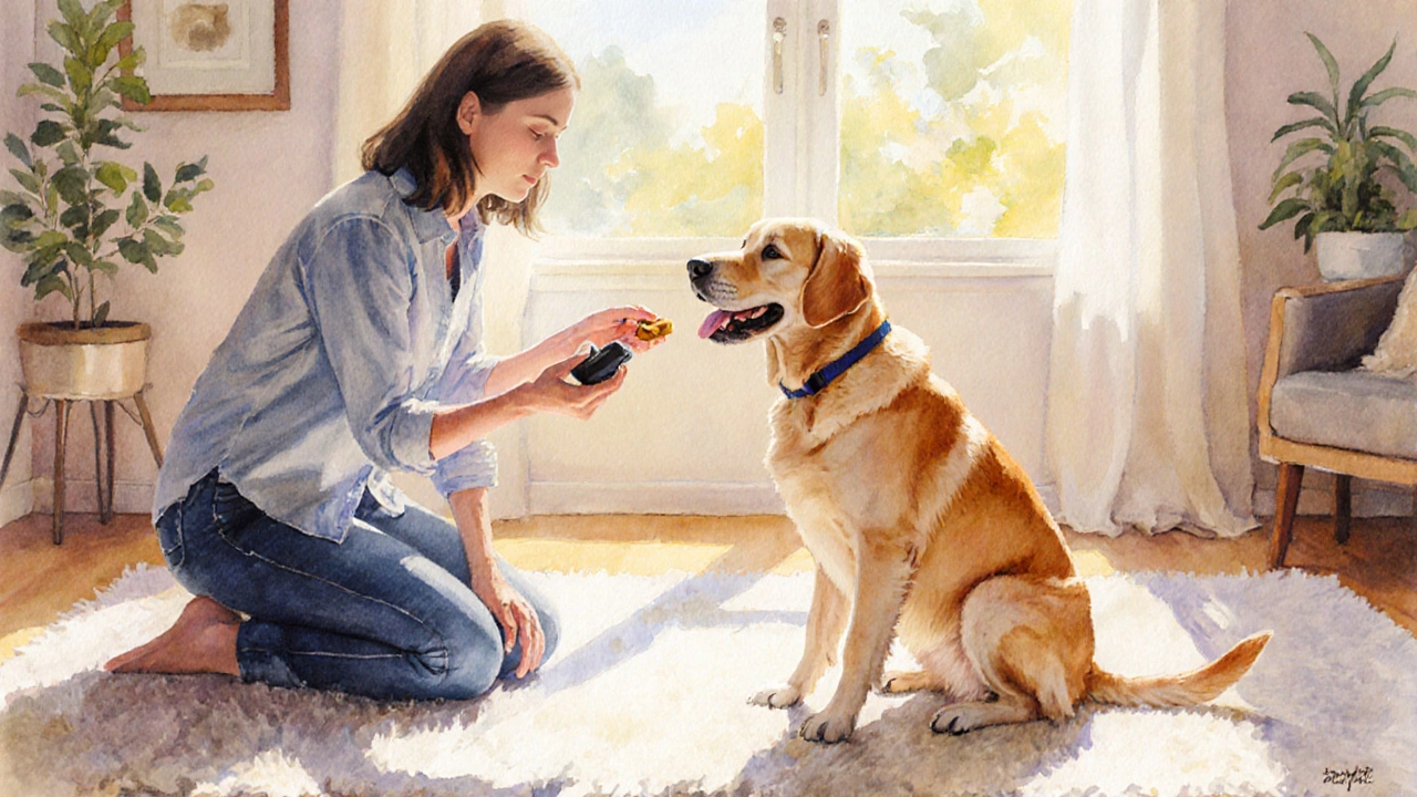 Owner uses a clicker and treats to train a happy dog in a sunny room.