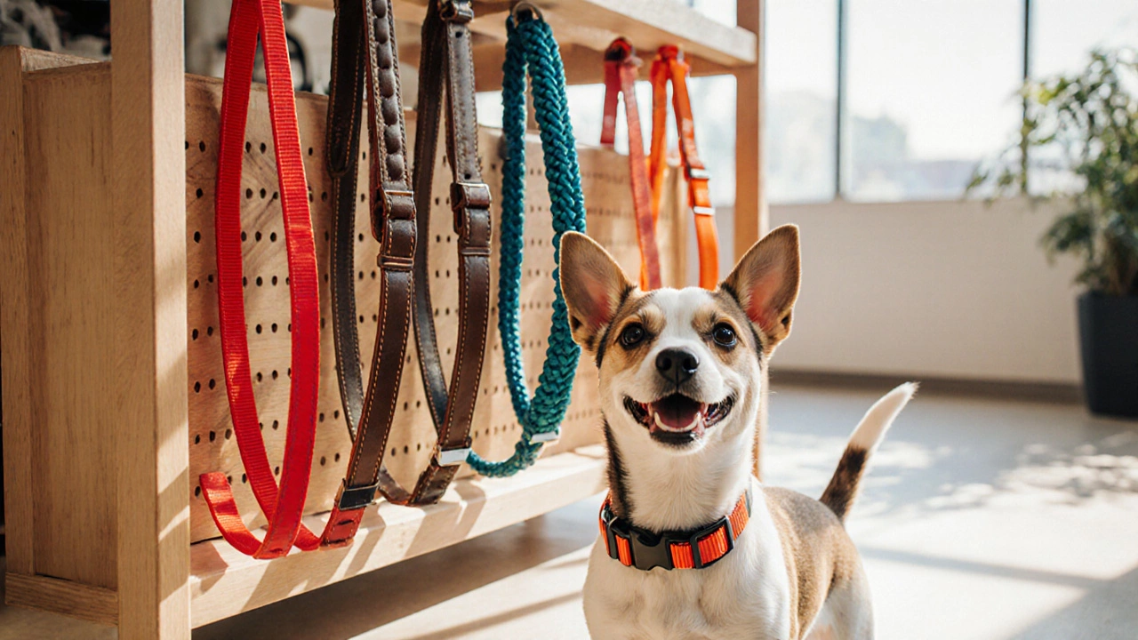 Pet store display of four different collars with a happy terrier wearing a new nylon collar.