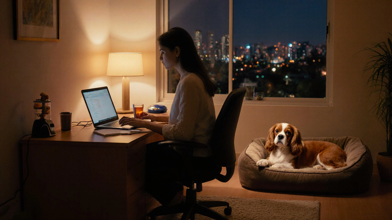 Remote worker relaxing with their dog at home in the evening.