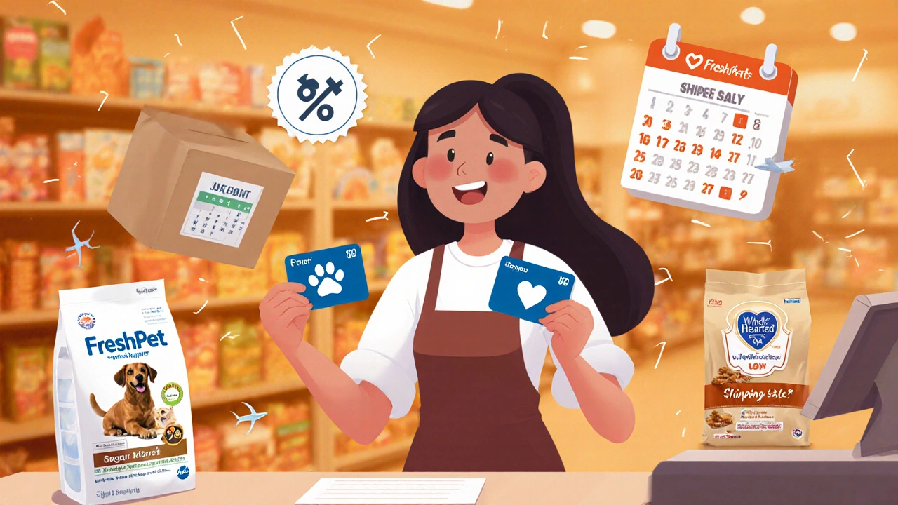 Shopper holding PetSmart and Petco loyalty cards near discount icons and food bags.