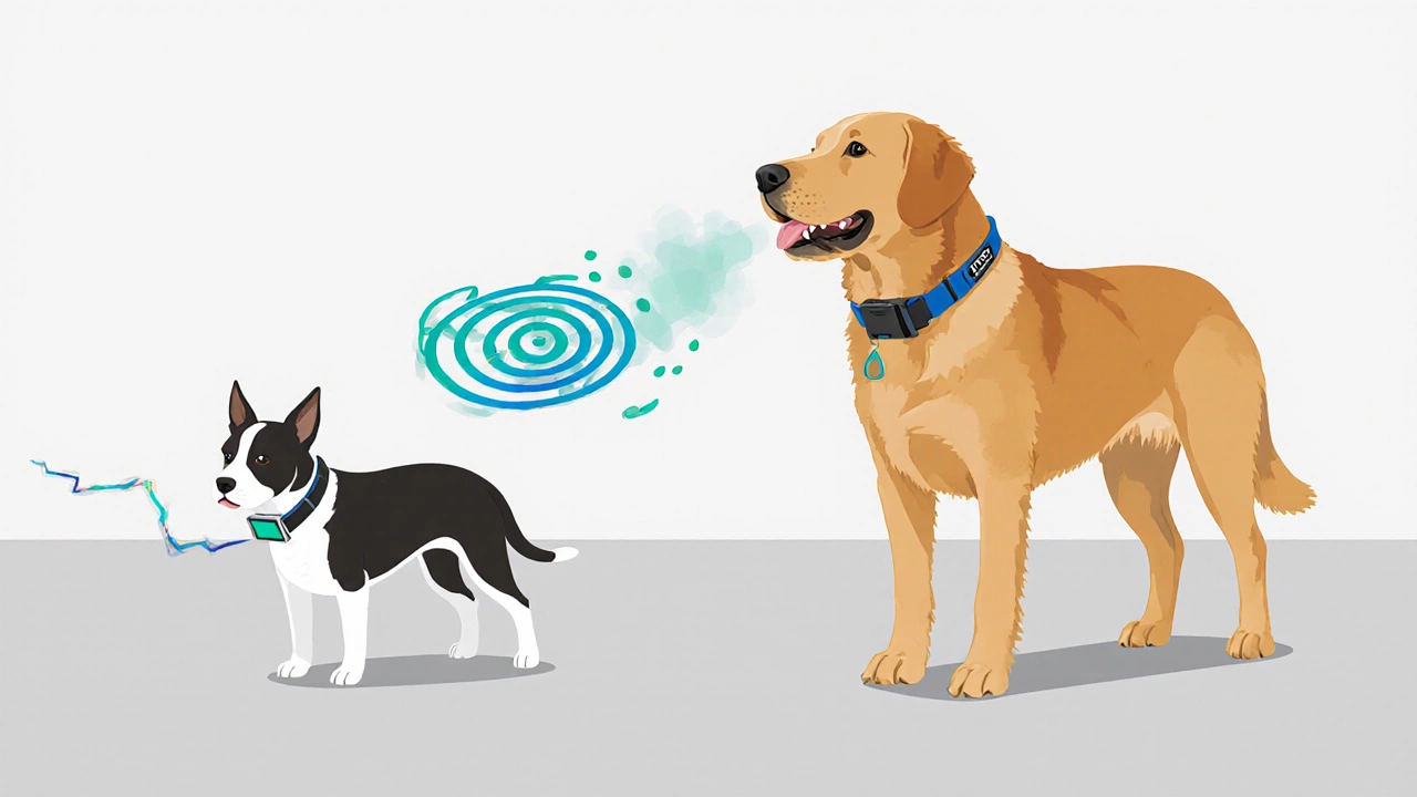 Side‑by‑side dogs: one with shock collar showing spark and square‑wave, another with e‑collar showing vibration rings and citronella mist.