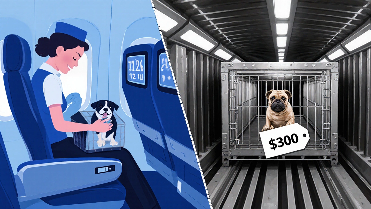 Side‑by‑side view of a dog in cabin seat versus a larger dog in a cargo crate with price tags.