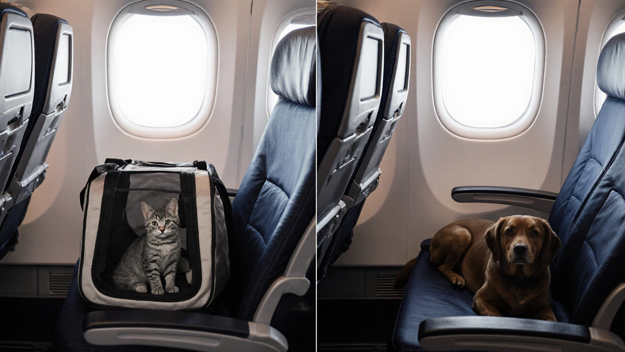 Side‑by‑side view of soft‑sided and hard‑sided pet carriers under an airplane seat.