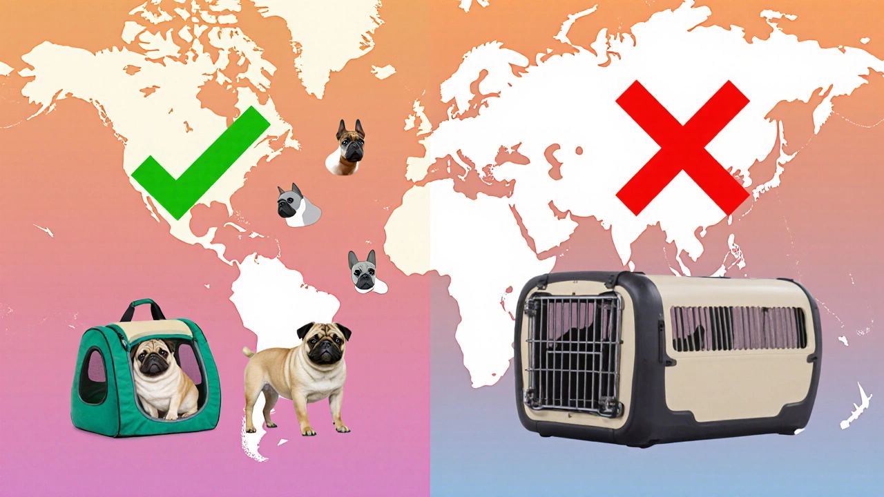 Split image: approved pet carrier under seat vs. rejected large carrier, with breed silhouettes in background.