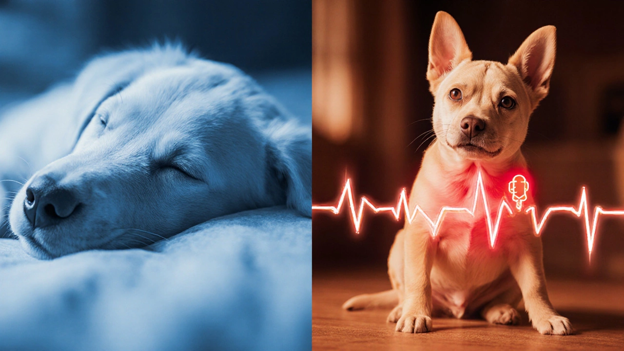 Split view of a puppy calm in sleep versus startled after being woken, showing stress effects.