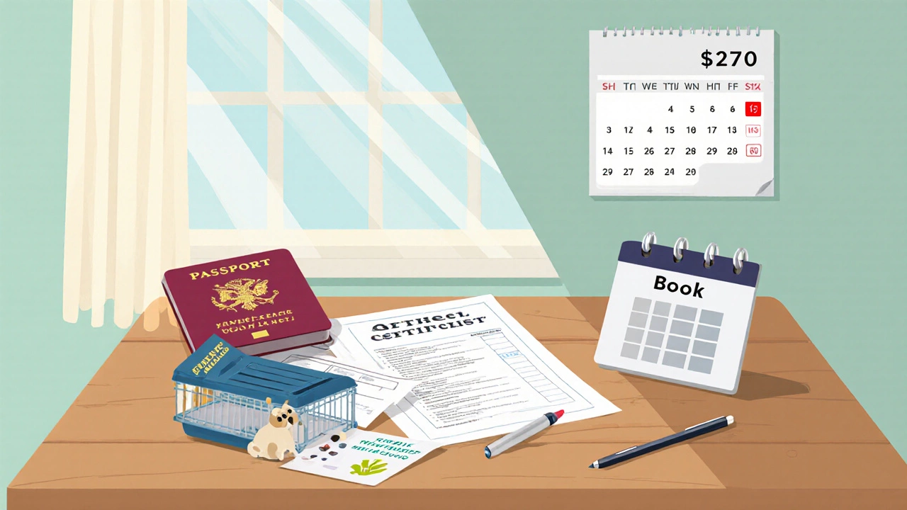 Table with passport, health certificate, carrier, insurance card, calculator and calendar for pet travel.