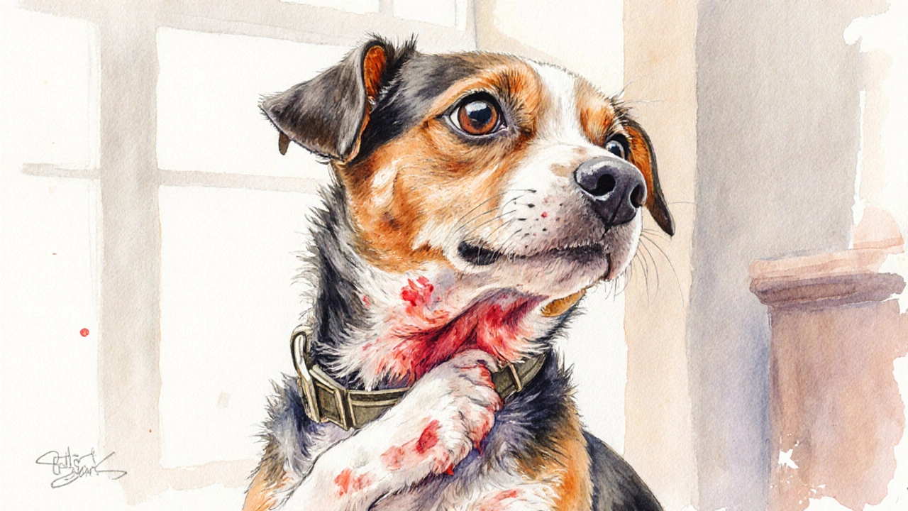 Terrier scratching a red, irritated neck area with hair loss.
