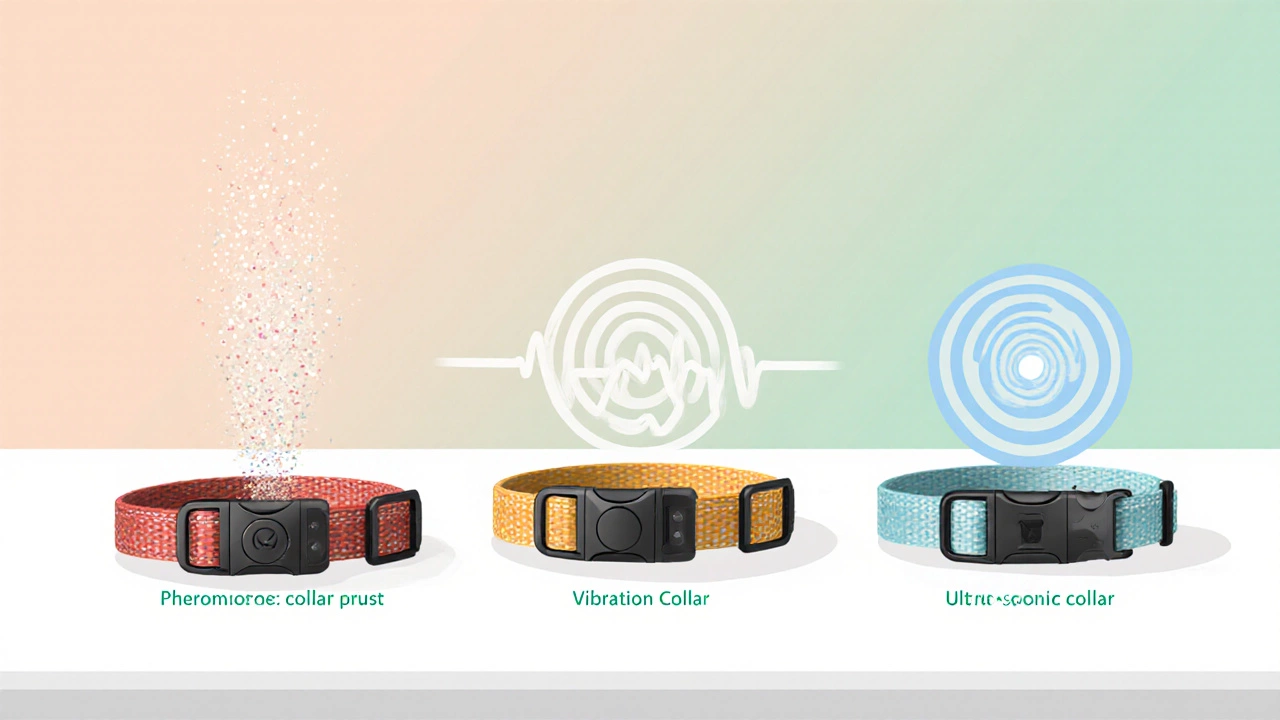 Three calming collars shown side by side: pheromone mist, vibration pulse, ultrasonic sound waves.