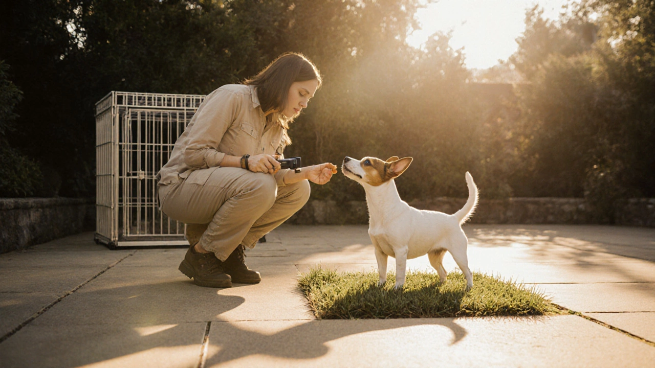 Trainer giving cue and treat to a Jack Russell on a sunny patio with a crate nearby.