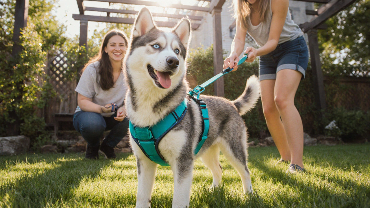 Trainer guiding a husky wearing a teal front‑clip harness that stops pulling in a sunny backyard.