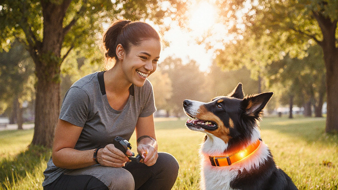 Trainer outdoors with border collie wearing a vibration collar during a gentle training session at sunset.