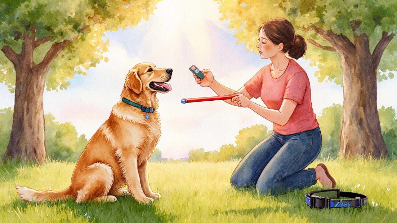 Trainer using clicker, target stick, and hand signals with a dog in a park.