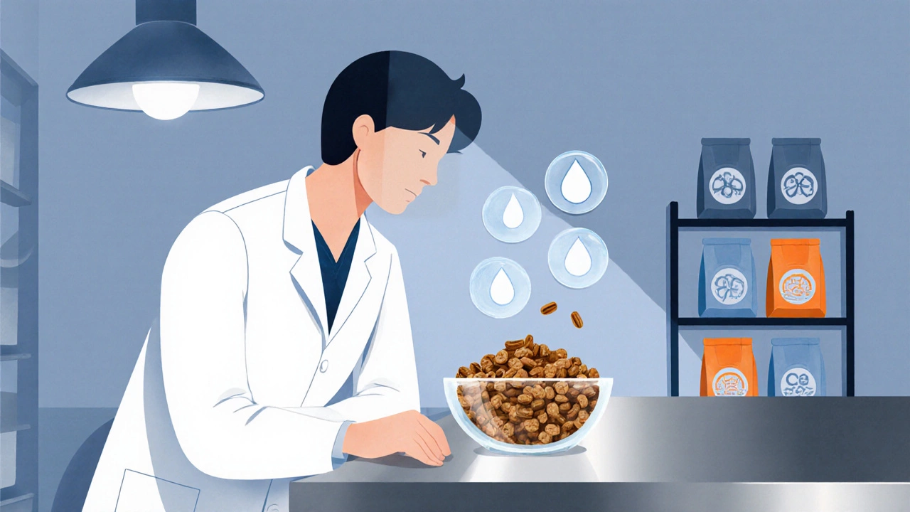 Vet examining kibble with floating nutrient icons in a clean clinic setting.