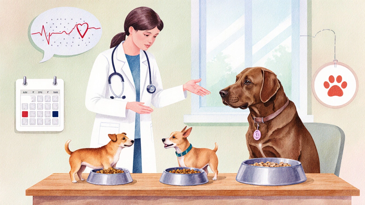 Vet shows three dogs of different sizes and bowls, discussing feeding.