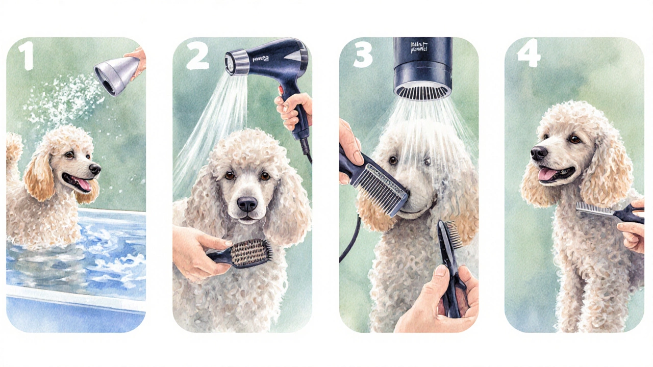 Watercolor panels showing bath, drying, brushing, and clipping of a curly poodle.