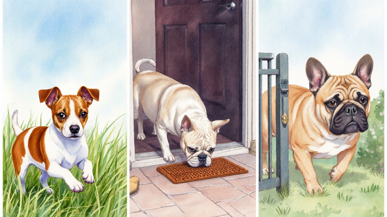 Watercolor split scene of Jack Russell, French Bulldog, and Bulldog showing training challenges.
