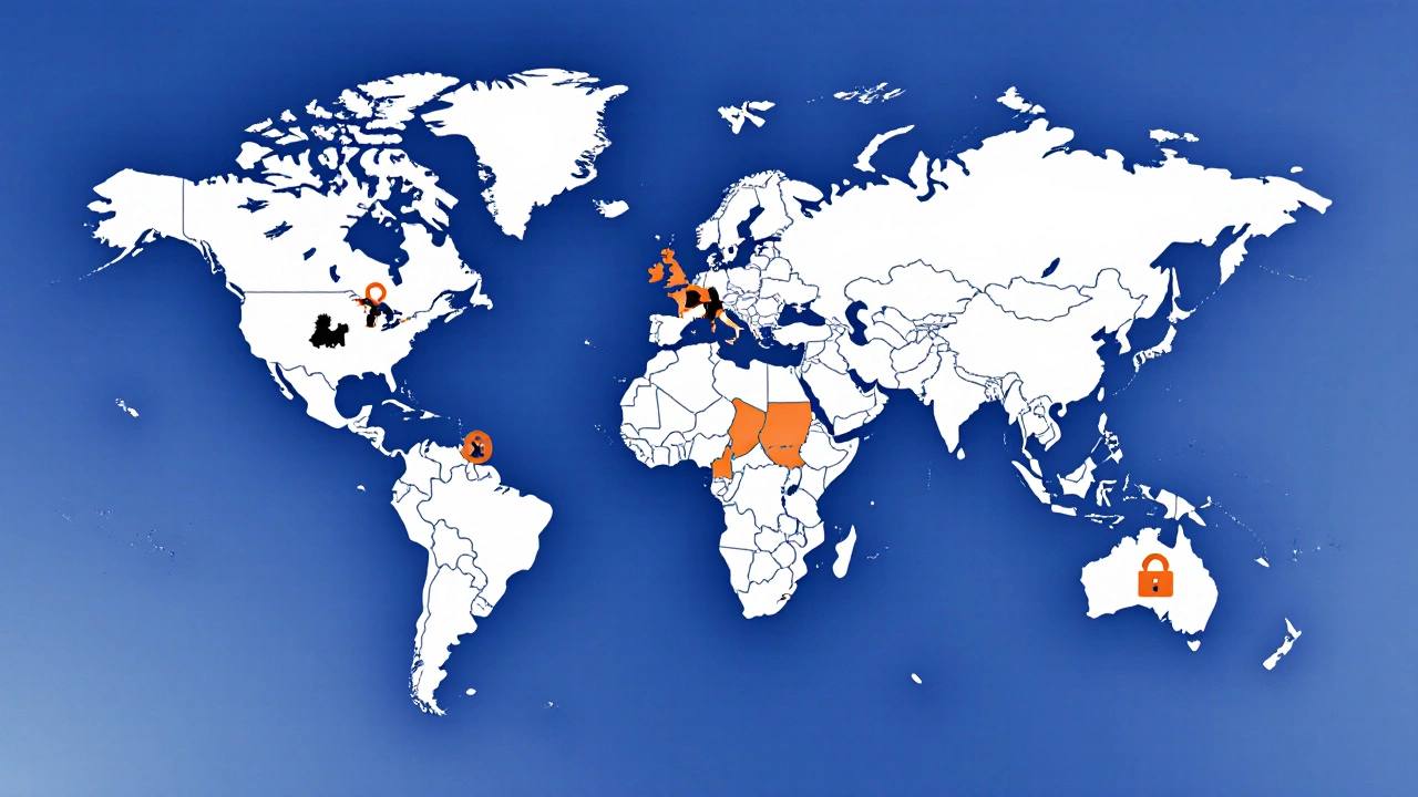 World map showing banned regions for vibration collars with symbolic icons.
