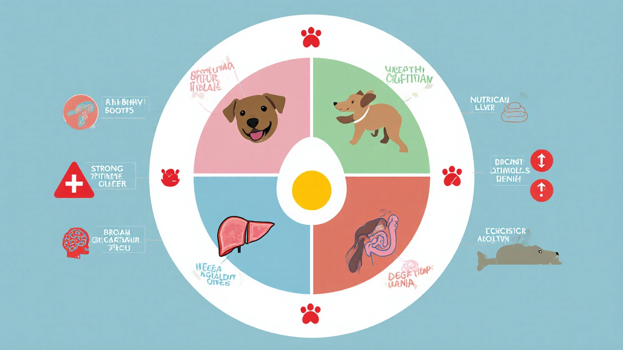A balanced diet wheel with eggs at the center, showing health benefits and risks.