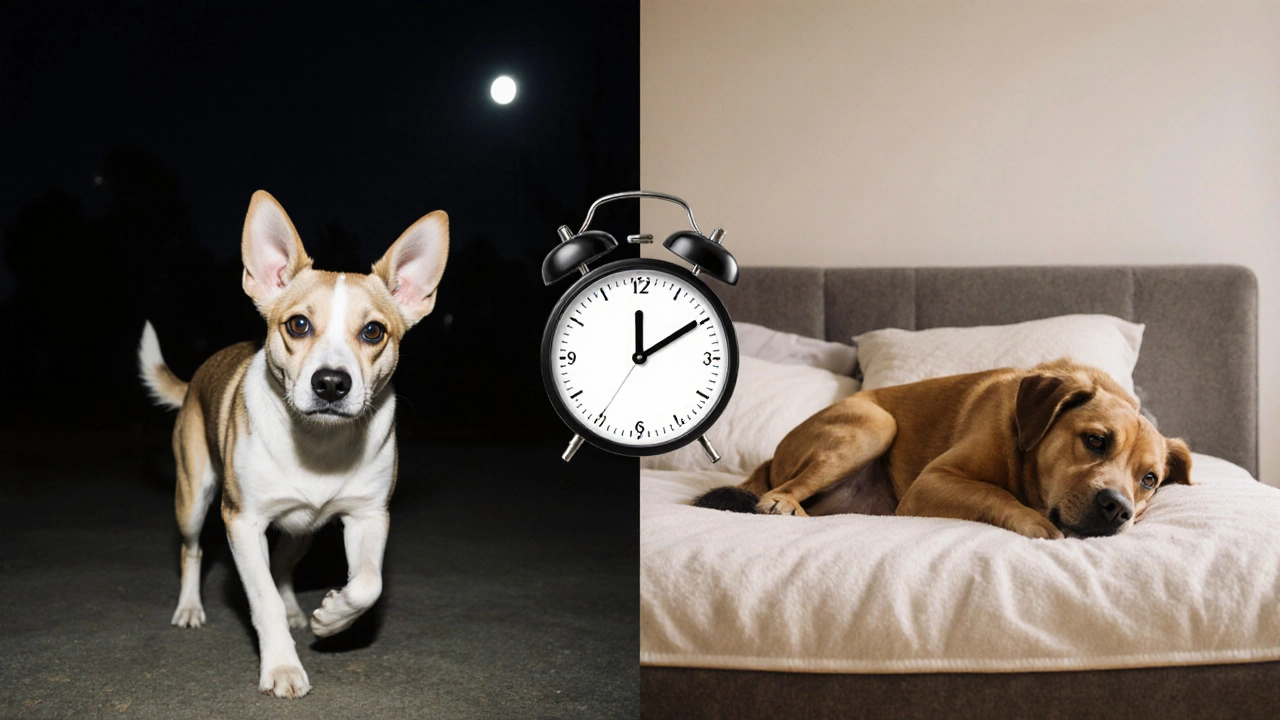 A dog contrasted between restless nighttime pacing and deep, calm sleep on a proper bed.