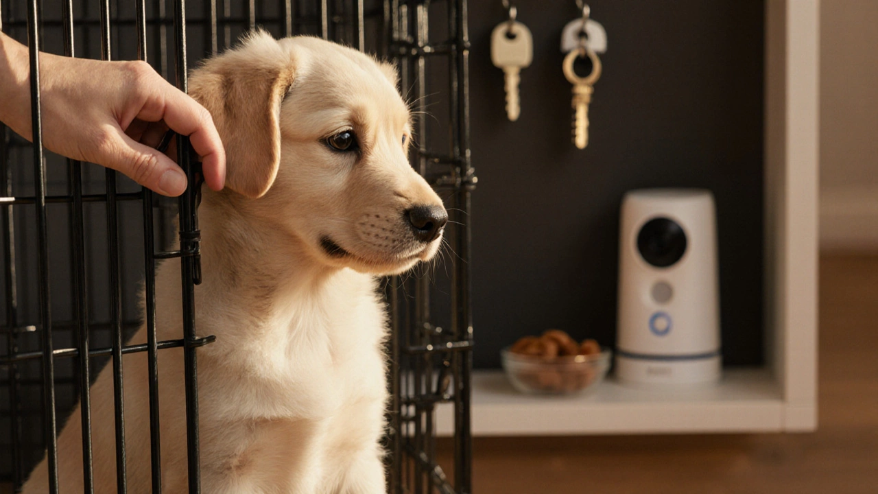 A hand opens a crate door as a puppy waits calmly, with a pet camera and keys visible in the background.