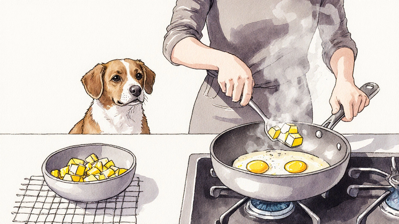A person cooking plain scrambled eggs for a dog on a kitchen counter.