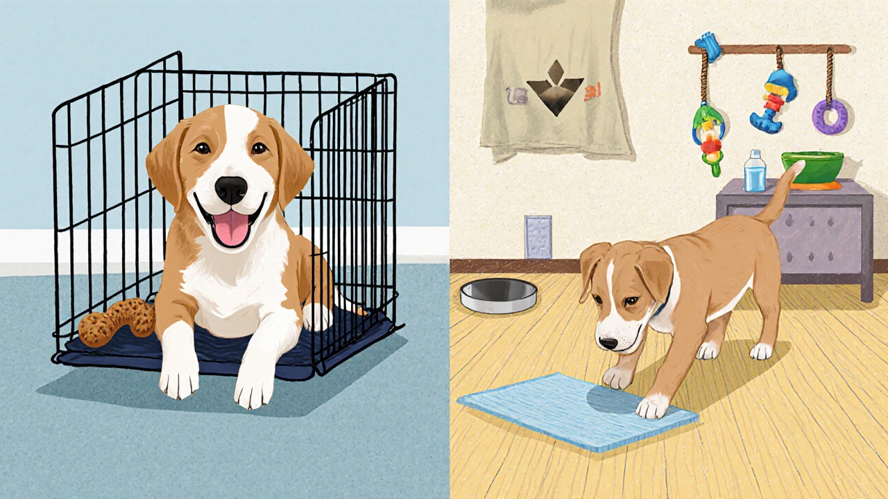 A puppy enjoys a safe, puppy-proofed room with toys and a pee pad, contrasting with a short crate session.